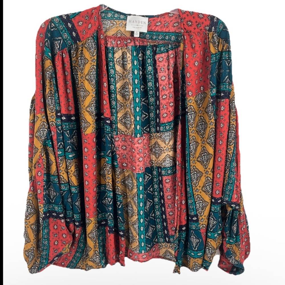 Hayden Boho Patchwork KimonoTop Dolman Puff Long Sleeve Sz M Festival